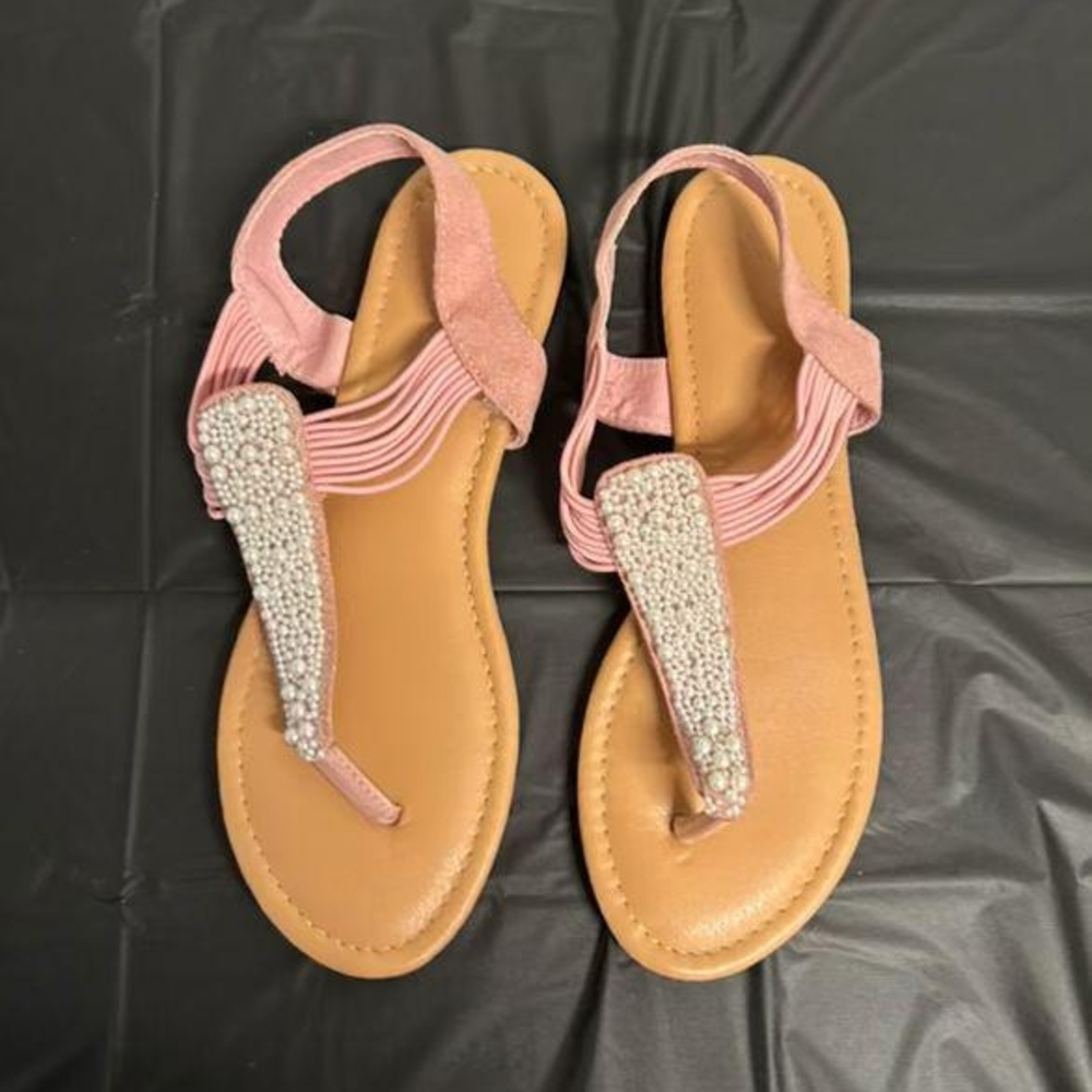 Sparkling Pink T-Strap Sandals with Tan Footbed